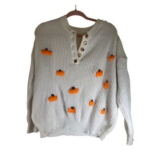 Cozy Cream Knit Sweater with Orange Pumpkin Embroidery Buttons Long‎ Sleeve